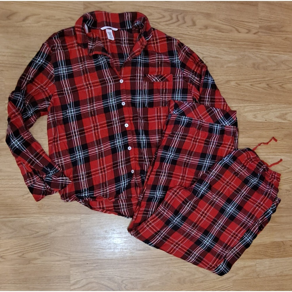 Victoria's Secret Pajama Set Large Womens Red Plaid Long Sleeve Long Pants